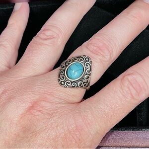 Ornate Vintage Boho Turquoise & Mixed-Metal Statement Ring, Size 7.5